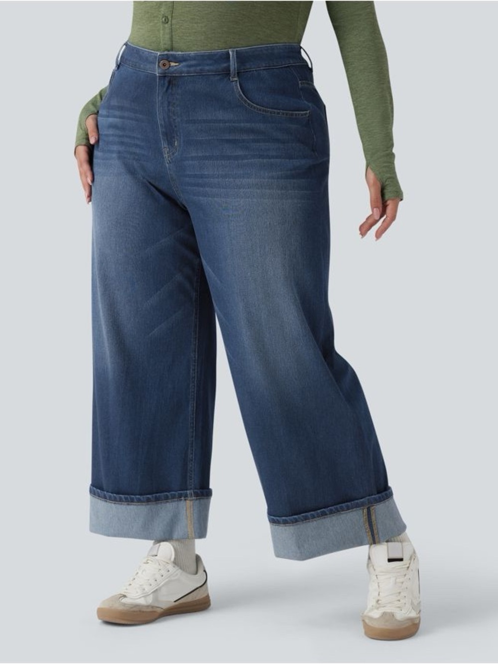 NWT Halara Flex High Waisted Wide Leg Rolled Hem Jeans
